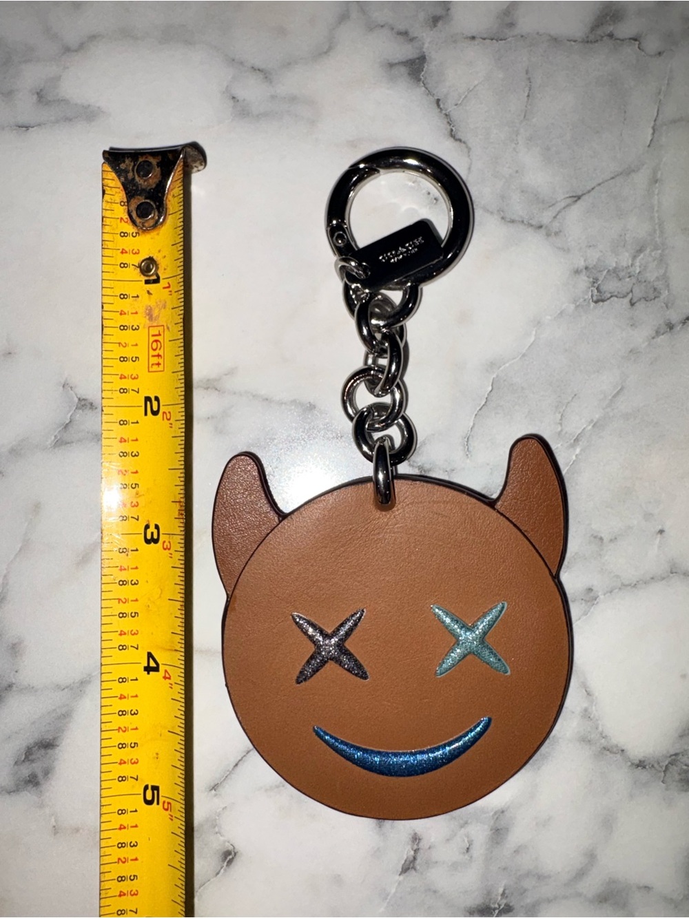 Coach Devil Emoji Bag Charm Keychain- Brown with Blue and Teal Accents